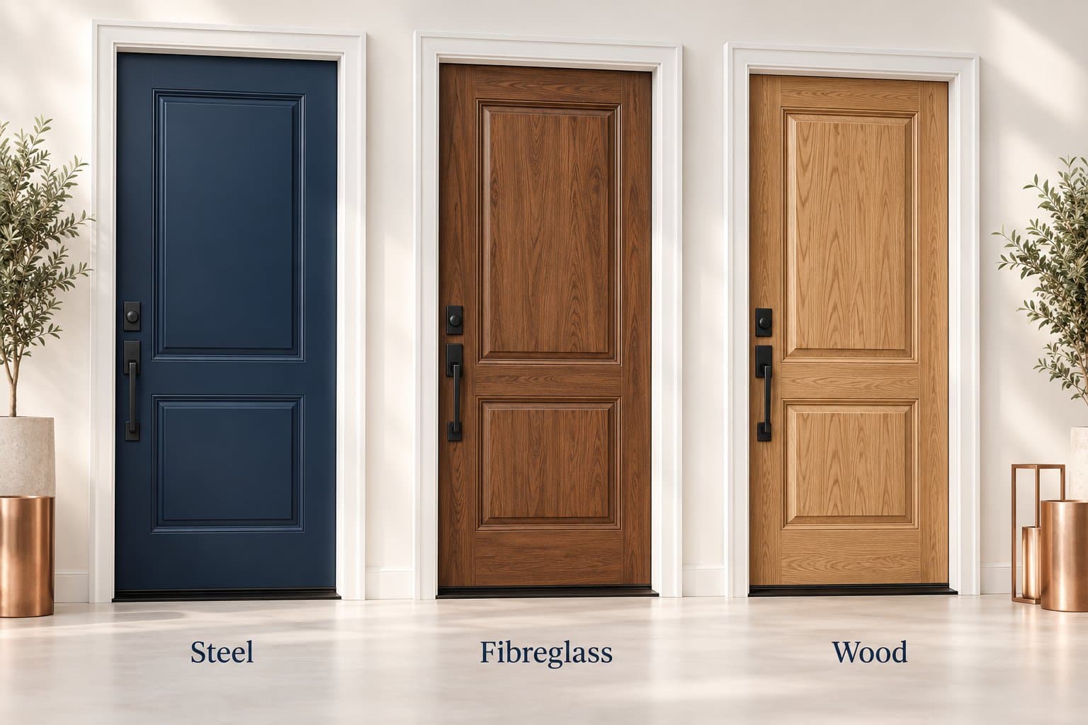 Illustrative steel, woodgrain fibreglass and wood entry doors