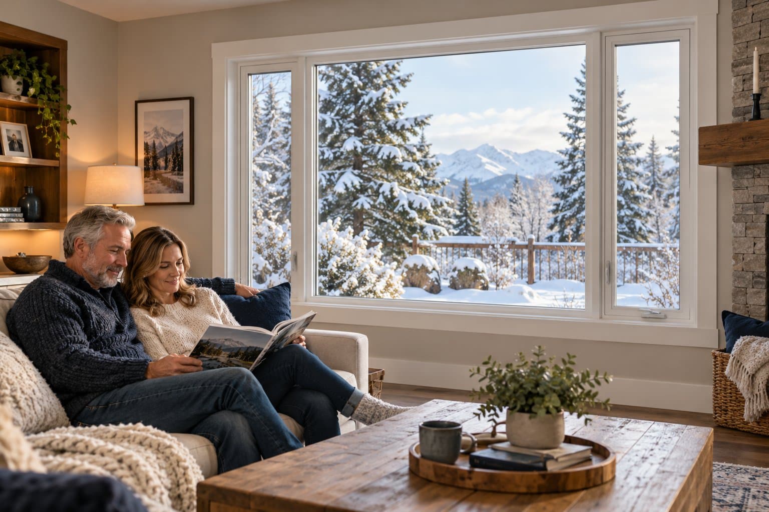 Illustrative winter living room with homeowners relaxing beside a large window