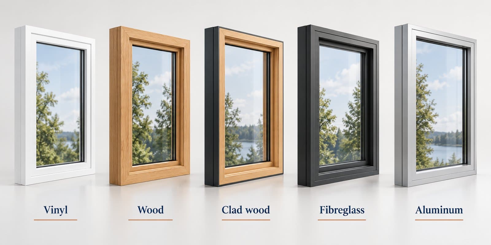 Illustrative vinyl, wood, clad wood, fibreglass and aluminum window frame finishes