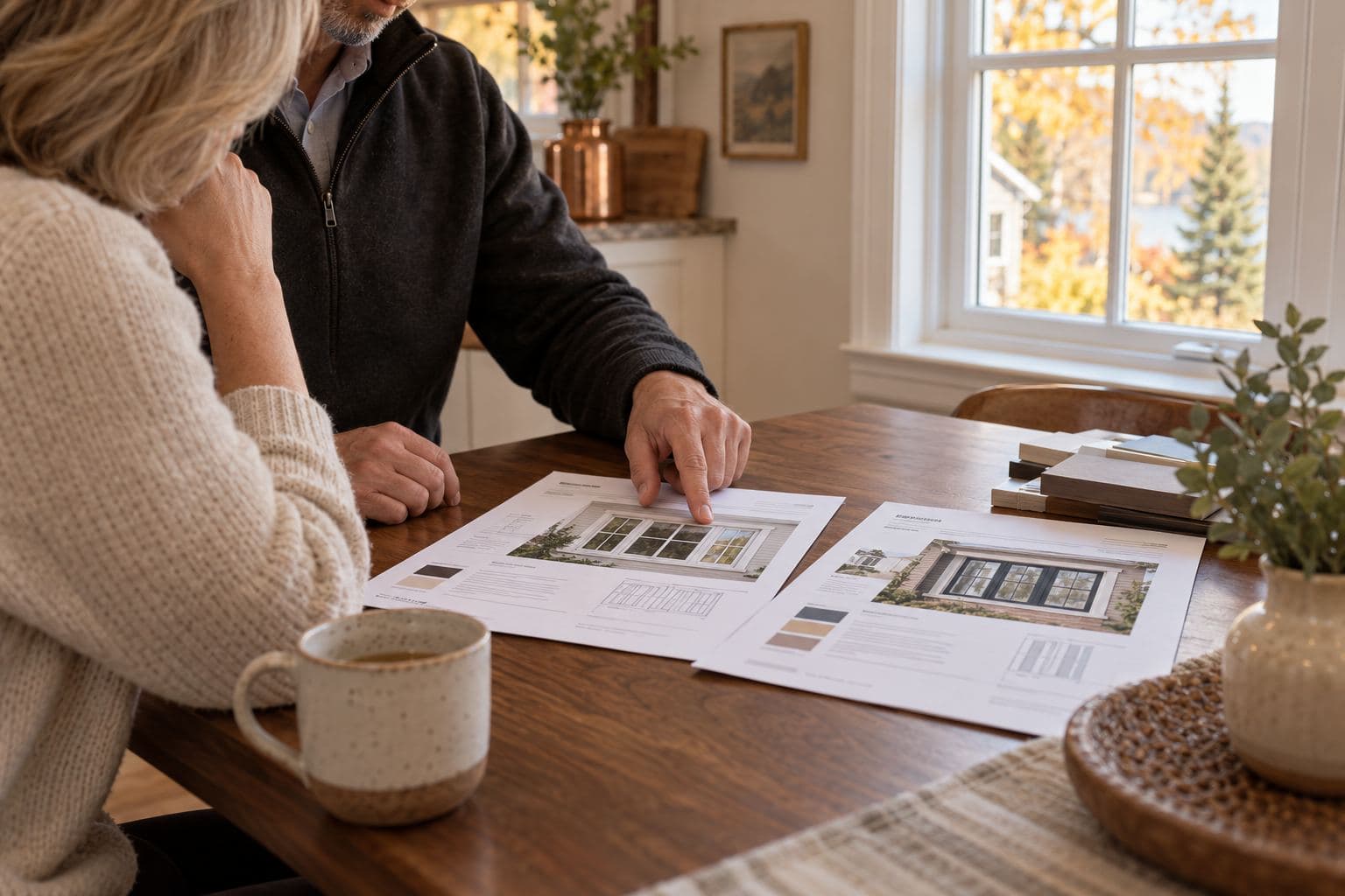 Homeowners looking through window quote documents at a kitchen table