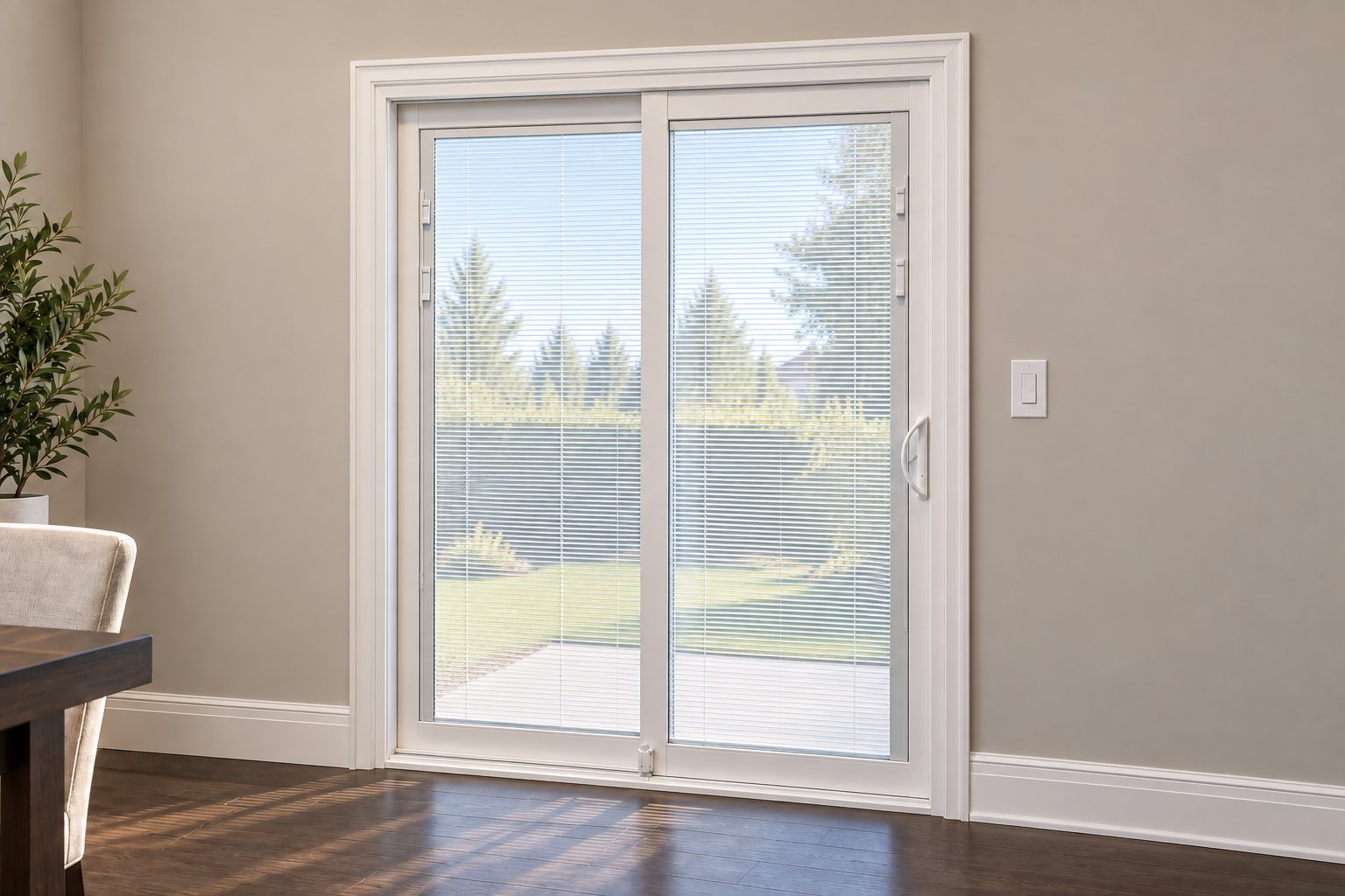 Inside view of a six-foot white sliding patio door with fine blinds sealed inside both glass units