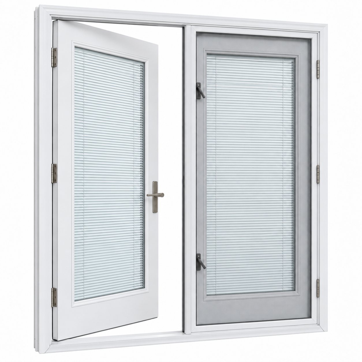 Inside view showing white doors with internal blinds, a full-height screen on the venting panel, and two cam locks